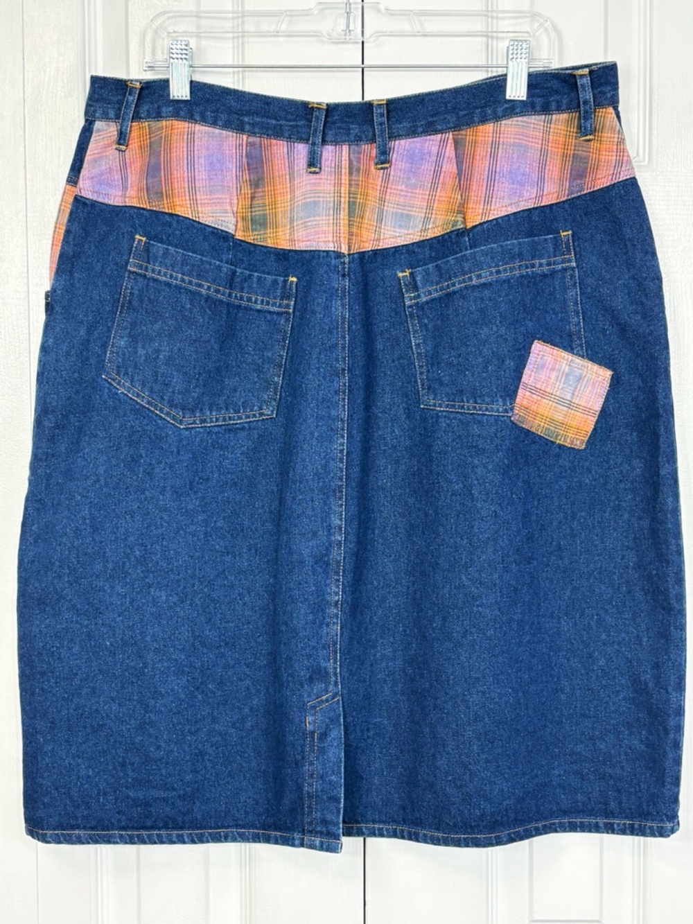 Vintage Sudden Impact Blue Denim Plaid Print Patchwork Jean Skirt 20 - Picture 2 of 16